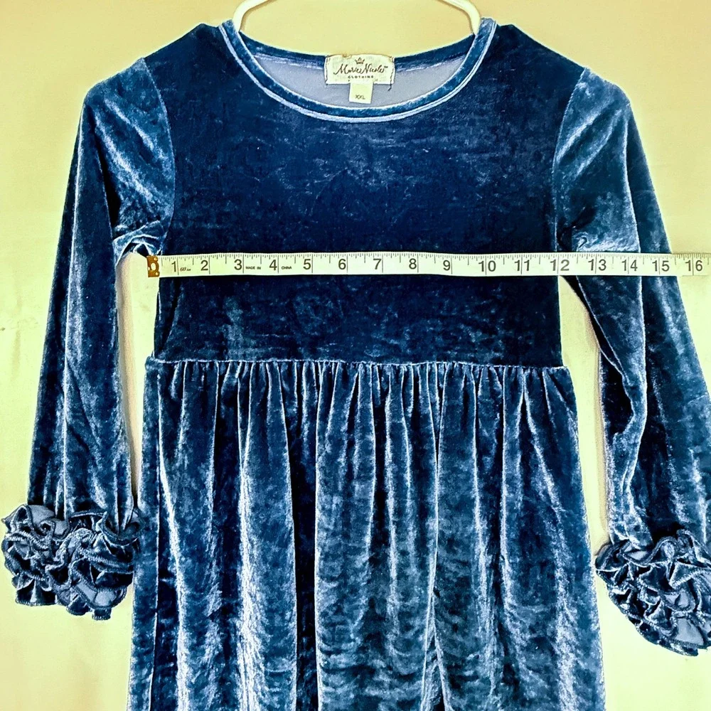 Marie Nicole Velvet Icing Ruffle Dress Kids Size 6 XXL Muted Navy Excellent